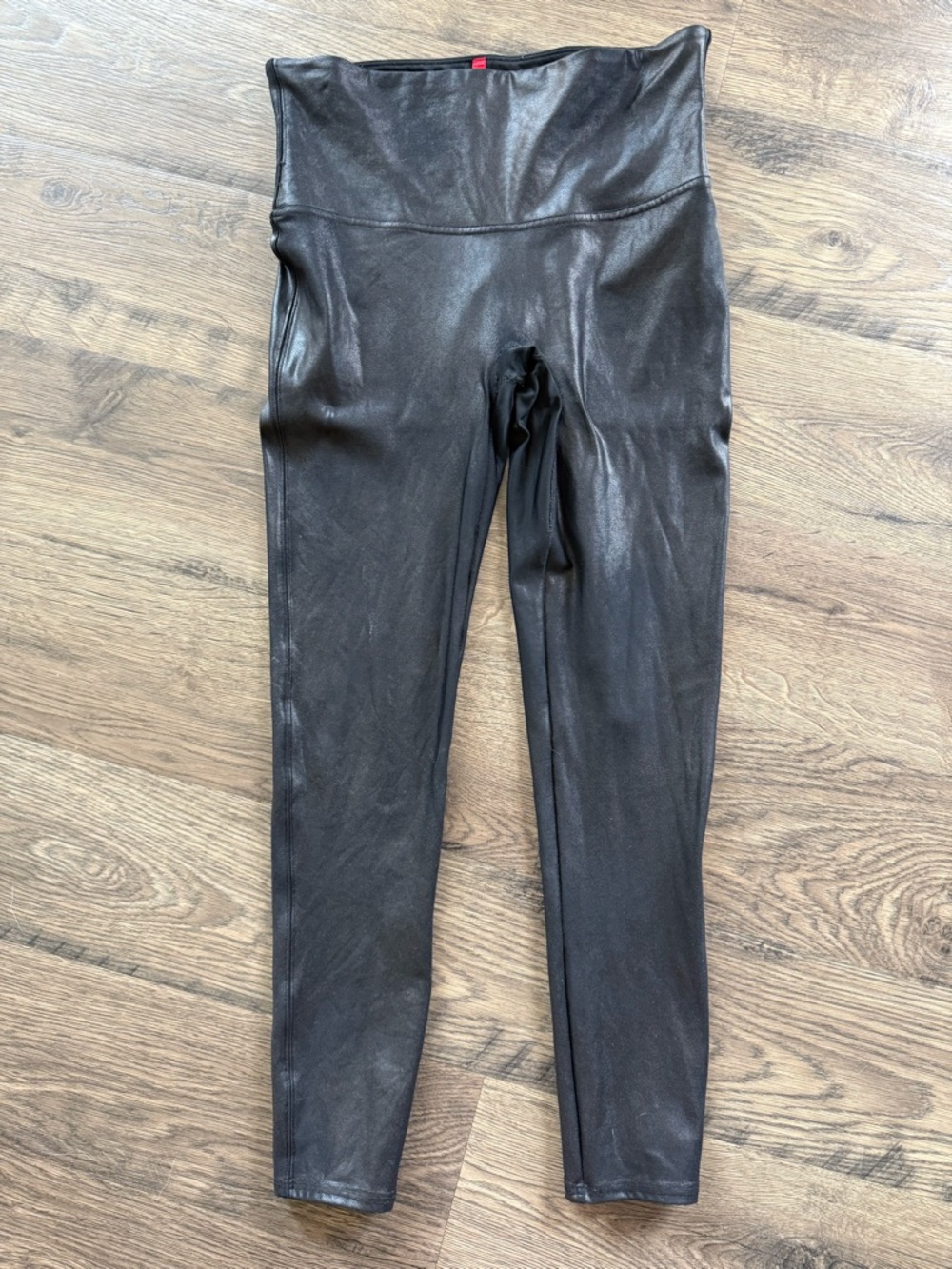 Spanx Metallic Faux Leather Black Stretch Leggings Size Large Petite